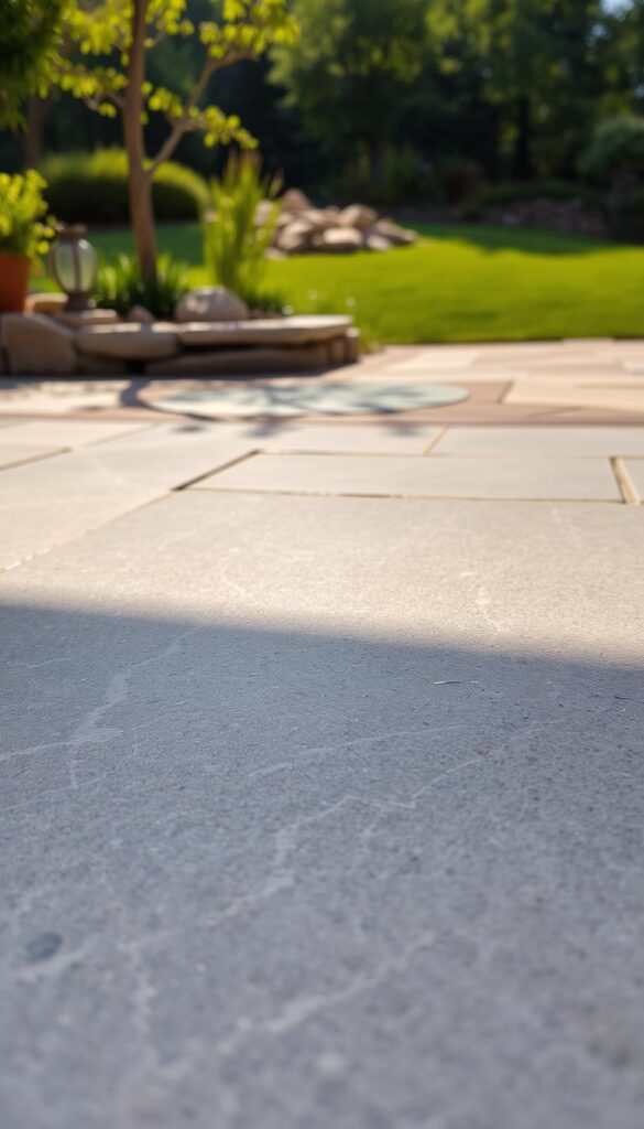 A glistening stone surface in a serene outdoor setting, bathed in warm, natural lighting. The foreground features a smooth, textured pattern of gray and beige hues, with subtle veins and striations that add depth and character. In the middle ground, the stone seamlessly transitions into a mixed material layout, incorporating earthy tones and natural accents that harmonize with the surrounding environment. The background depicts a lush, verdant landscape, creating a tranquil and inviting atmosphere that complements the grounded, tactile quality of the stone. Captured through a wide-angle lens that captures the full scope of the scene, this image conveys a sense of balance, durability, and timeless elegance, perfect for enhancing an outdoor living space.
