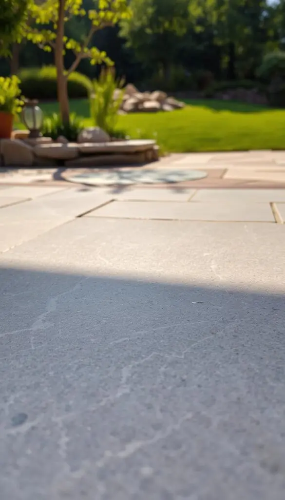 A glistening stone surface in a serene outdoor setting, bathed in warm, natural lighting. The foreground features a smooth, textured pattern of gray and beige hues, with subtle veins and striations that add depth and character. In the middle ground, the stone seamlessly transitions into a mixed material layout, incorporating earthy tones and natural accents that harmonize with the surrounding environment. The background depicts a lush, verdant landscape, creating a tranquil and inviting atmosphere that complements the grounded, tactile quality of the stone. Captured through a wide-angle lens that captures the full scope of the scene, this image conveys a sense of balance, durability, and timeless elegance, perfect for enhancing an outdoor living space. A glistening stone surface in a serene outdoor setting, bathed in warm, natural lighting. The foreground features a smooth, textured pattern of gray and beige hues, with subtle veins and striations that add depth and character. In the middle ground, the stone seamlessly transitions into a mixed material layout, incorporating earthy tones and natural accents that harmonize with the surrounding environment. The background depicts a lush, verdant landscape, creating a tranquil and inviting atmosphere that complements the grounded, tactile quality of the stone. Captured through a wide-angle lens that captures the full scope of the scene, this image conveys a sense of balance, durability, and timeless elegance, perfect for enhancing an outdoor living space.