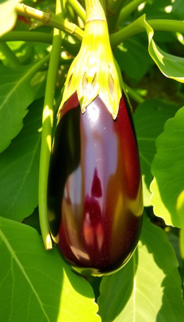 A glossy, ripe eggplant nestled against a backdrop of lush, verdant leaves. Sunlight filters through, casting a warm, golden glow across the plump, oblong fruit, highlighting its deep purple hue and supple skin. The eggplant's calyx, a vibrant green crown, adds a striking contrast. In the foreground, the eggplant's stem casts a soft, elongated shadow, creating a sense of depth and dimension. The overall scene evokes the abundance and vibrancy of a summer vegetable garden, inviting the viewer to imagine the creamy, flavorful flesh within. A glossy, ripe eggplant nestled against a backdrop of lush, verdant leaves. Sunlight filters through, casting a warm, golden glow across the plump, oblong fruit, highlighting its deep purple hue and supple skin. The eggplant's calyx, a vibrant green crown, adds a striking contrast. In the foreground, the eggplant's stem casts a soft, elongated shadow, creating a sense of depth and dimension. The overall scene evokes the abundance and vibrancy of a summer vegetable garden, inviting the viewer to imagine the creamy, flavorful flesh within.