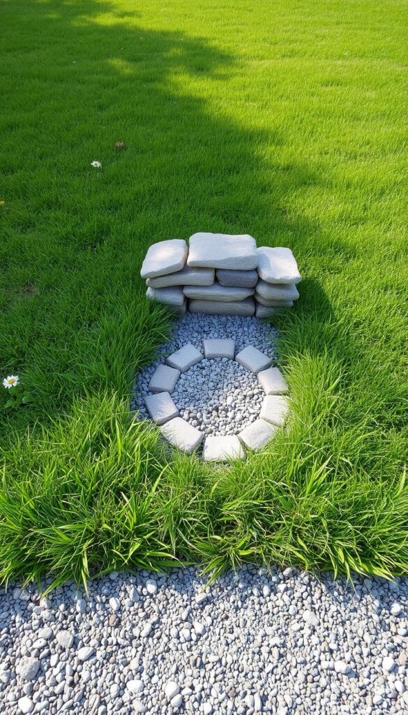 A gravel-covered area with a simple potty structure made of natural stones, surrounded by lush, healthy grass and a few scattered wildflowers. The potty zone is well-defined, clean, and inviting, with a sense of order and practicality. The lighting is soft and natural, casting gentle shadows that add depth and dimension. The camera angle is positioned at eye level, capturing the scene with a sense of tranquility and integration into the overall lawn environment. The mood is one of functionality and care, reflecting the subject's focus on preventing pet-related lawn damage through designated zones and attentive maintenance.