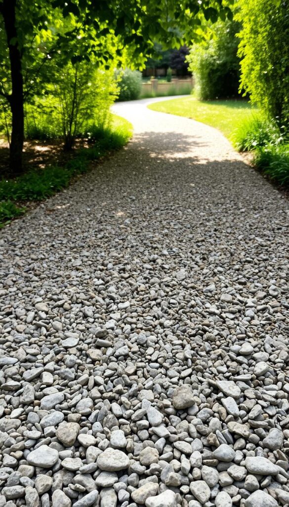 A gravel path winding through a lush garden, sunlight filtering through the leaves above. The gravel crunches underfoot, its varied tones of gray and brown creating a tactile, earthy surface. In the foreground, individual stones stand out, their rough textures catching the light. Further back, the path meanders, disappearing into a soft, hazy background of greenery. The scene evokes a sense of tranquility and natural beauty, inviting the viewer to slow down and experience the simple pleasure of walking on this rustic, yet elegant surface.
