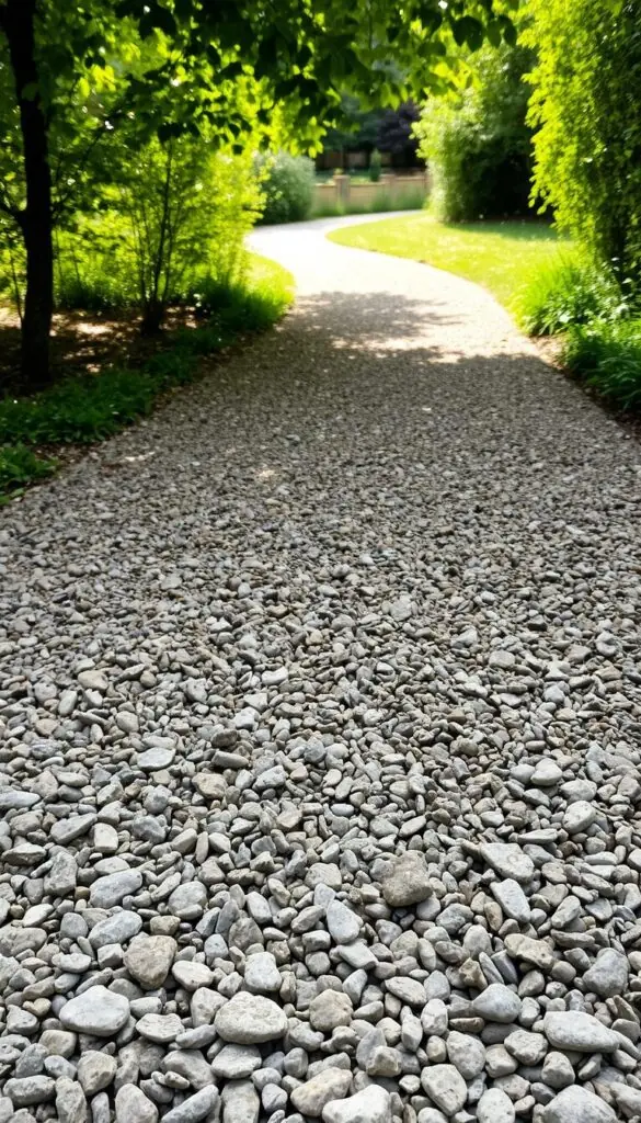 A gravel path winding through a lush garden, sunlight filtering through the leaves above. The gravel crunches underfoot, its varied tones of gray and brown creating a tactile, earthy surface. In the foreground, individual stones stand out, their rough textures catching the light. Further back, the path meanders, disappearing into a soft, hazy background of greenery. The scene evokes a sense of tranquility and natural beauty, inviting the viewer to slow down and experience the simple pleasure of walking on this rustic, yet elegant surface.