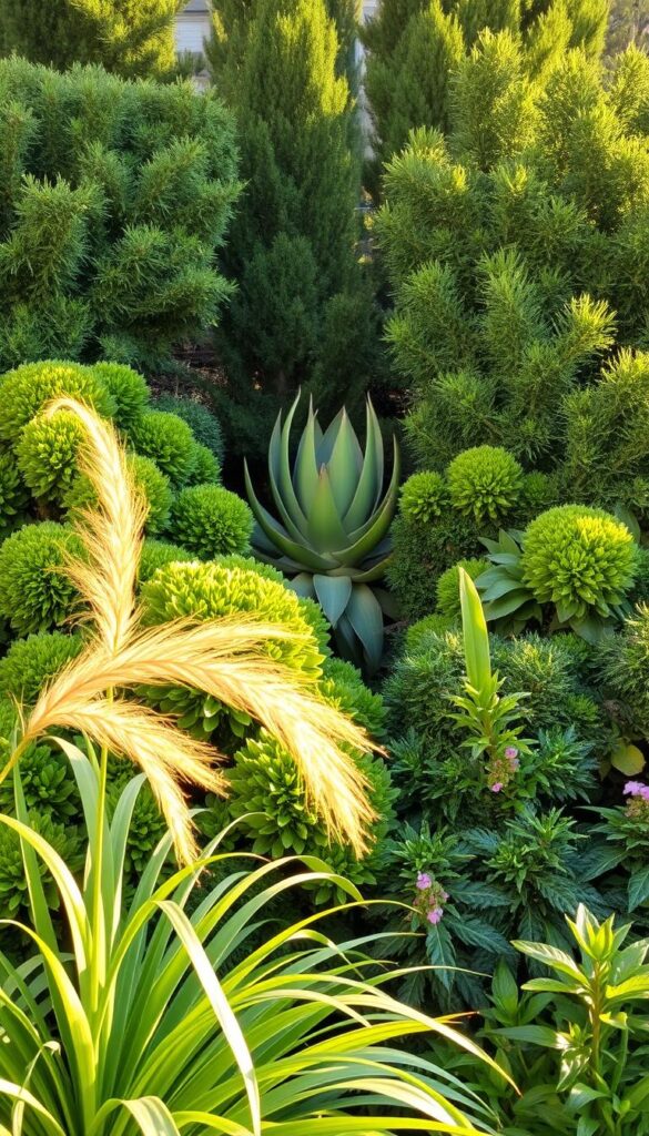 A harmonious arrangement of lush evergreen foliage, showcasing a captivating interplay of forms, sizes, and shades. The scene is bathed in warm, golden light, casting gentle shadows that accentuate the dimensional nature of the plants. In the foreground, an ornamental grass sways gracefully, its delicate plumes dancing in a gentle breeze. Behind it, a cluster of rounded, glossy-leaved shrubs stand tall, their verdant hues punctuated by splashes of vibrant color. In the middle ground, a sculptural succulent plant adds a bold, architectural presence, its geometric form contrasting beautifully with the soft, flowing lines of its companions. The background is composed of a mix of evergreen trees, their dense, layered branches creating a sense of depth and enclosure, framing the vibrant display. The overall composition exudes a sense of harmony, balance, and winter-inspired beauty. A harmonious arrangement of lush evergreen foliage, showcasing a captivating interplay of forms, sizes, and shades. The scene is bathed in warm, golden light, casting gentle shadows that accentuate the dimensional nature of the plants. In the foreground, an ornamental grass sways gracefully, its delicate plumes dancing in a gentle breeze. Behind it, a cluster of rounded, glossy-leaved shrubs stand tall, their verdant hues punctuated by splashes of vibrant color. In the middle ground, a sculptural succulent plant adds a bold, architectural presence, its geometric form contrasting beautifully with the soft, flowing lines of its companions. The background is composed of a mix of evergreen trees, their dense, layered branches creating a sense of depth and enclosure, framing the vibrant display. The overall composition exudes a sense of harmony, balance, and winter-inspired beauty.