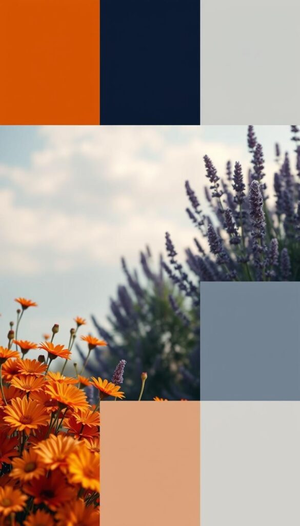 A harmonious color palette of warm autumnal hues, cool blues, and soft neutral tones. In the foreground, a lush array of fall-blooming flowers in shades of ochre, sienna, and crimson. In the middle ground, pops of deep indigo and lavender, complemented by muted grays and tans. The background features a tranquil, hazy sky with touches of pale blue and wisps of cloud. Soft, diffuse lighting creates a serene, contemplative atmosphere, as if captured by a vintage camera lens. The composition is balanced and visually striking, inviting the viewer to imagine how these colors could come together in a beautiful, cohesive garden design. A harmonious color palette of warm autumnal hues, cool blues, and soft neutral tones. In the foreground, a lush array of fall-blooming flowers in shades of ochre, sienna, and crimson. In the middle ground, pops of deep indigo and lavender, complemented by muted grays and tans. The background features a tranquil, hazy sky with touches of pale blue and wisps of cloud. Soft, diffuse lighting creates a serene, contemplative atmosphere, as if captured by a vintage camera lens. The composition is balanced and visually striking, inviting the viewer to imagine how these colors could come together in a beautiful, cohesive garden design.