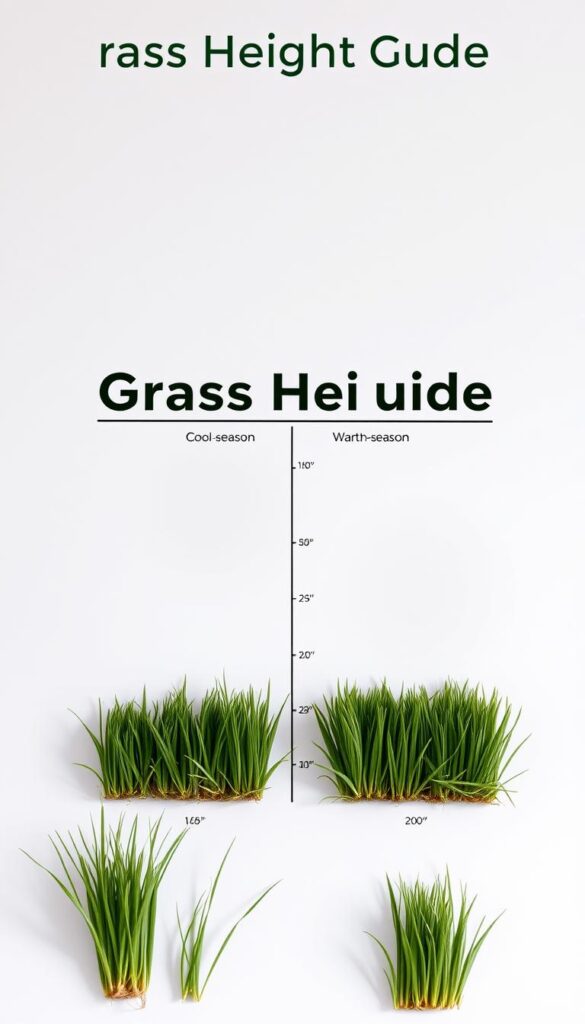 A high-quality, detailed image of a grass height guide, showcasing the visual differences between cool-season and warm-season grasses. The image should have a clean, minimalist layout with a white or light background, allowing the grass samples to be the central focus. The foreground should feature meticulously detailed, life-like grass samples of varying heights, representing the recommended mowing heights for both cool-season (e.g., fescue, bluegrass) and warm-season (e.g., bermuda, zoysia) grasses. The middle ground should include a clear visual scale, marked in inches or centimeters, to provide a reference for the grass heights. The lighting should be soft and natural, creating subtle shadows and highlights to accentuate the texture and structure of the grass blades. The image should be captured using a high-resolution camera lens, providing a crisp, detailed rendering of the grass samples. The overall atmosphere should convey a sense of educational clarity and visual organization, allowing the viewer to A high-quality, detailed image of a grass height guide, showcasing the visual differences between cool-season and warm-season grasses. The image should have a clean, minimalist layout with a white or light background, allowing the grass samples to be the central focus. The foreground should feature meticulously detailed, life-like grass samples of varying heights, representing the recommended mowing heights for both cool-season (e.g., fescue, bluegrass) and warm-season (e.g., bermuda, zoysia) grasses. The middle ground should include a clear visual scale, marked in inches or centimeters, to provide a reference for the grass heights. The lighting should be soft and natural, creating subtle shadows and highlights to accentuate the texture and structure of the grass blades. The image should be captured using a high-resolution camera lens, providing a crisp, detailed rendering of the grass samples. The overall atmosphere should convey a sense of educational clarity and visual organization, allowing the viewer to