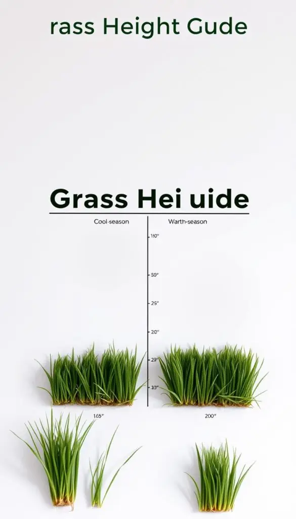 A high-quality, detailed image of a grass height guide, showcasing the visual differences between cool-season and warm-season grasses. The image should have a clean, minimalist layout with a white or light background, allowing the grass samples to be the central focus. The foreground should feature meticulously detailed, life-like grass samples of varying heights, representing the recommended mowing heights for both cool-season (e.g., fescue, bluegrass) and warm-season (e.g., bermuda, zoysia) grasses. The middle ground should include a clear visual scale, marked in inches or centimeters, to provide a reference for the grass heights. The lighting should be soft and natural, creating subtle shadows and highlights to accentuate the texture and structure of the grass blades. The image should be captured using a high-resolution camera lens, providing a crisp, detailed rendering of the grass samples. The overall atmosphere should convey a sense of educational clarity and visual organization, allowing the viewer to