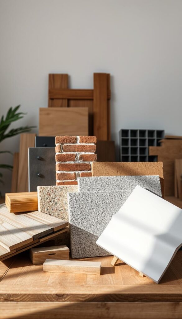 A high-quality, detailed still life composition of various building materials in an indoor setting. The foreground features a selection of wood, metal, brick, and composite samples arranged artfully on a wooden table, with soft, natural lighting illuminating the textures and colors. The middle ground includes a minimalist background with plain white walls, allowing the materials to be the central focus. The overall atmosphere is one of understated sophistication, highlighting the inherent beauty and diverse applications of these common construction elements.