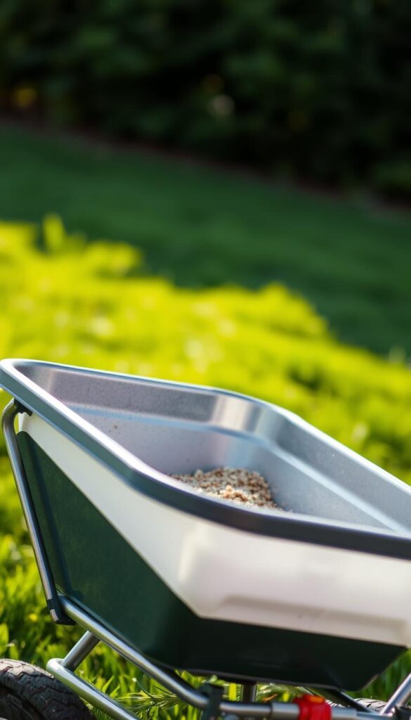 A high-quality, realistic image of a lawn spreader, shot at a low angle with a shallow depth of field. The spreader is prominently featured in the foreground, its metal and plastic construction gleaming in soft, directional lighting. The background is slightly blurred, suggesting a lush, verdant lawn. The spreader's hopper is filled with a blend of granular fertilizer, ready to be dispersed evenly across the grass. The overall mood is one of efficiency and productivity, conveying the ease and effectiveness of using this tool to nourish a healthy, thriving lawn. A high-quality, realistic image of a lawn spreader, shot at a low angle with a shallow depth of field. The spreader is prominently featured in the foreground, its metal and plastic construction gleaming in soft, directional lighting. The background is slightly blurred, suggesting a lush, verdant lawn. The spreader's hopper is filled with a blend of granular fertilizer, ready to be dispersed evenly across the grass. The overall mood is one of efficiency and productivity, conveying the ease and effectiveness of using this tool to nourish a healthy, thriving lawn.