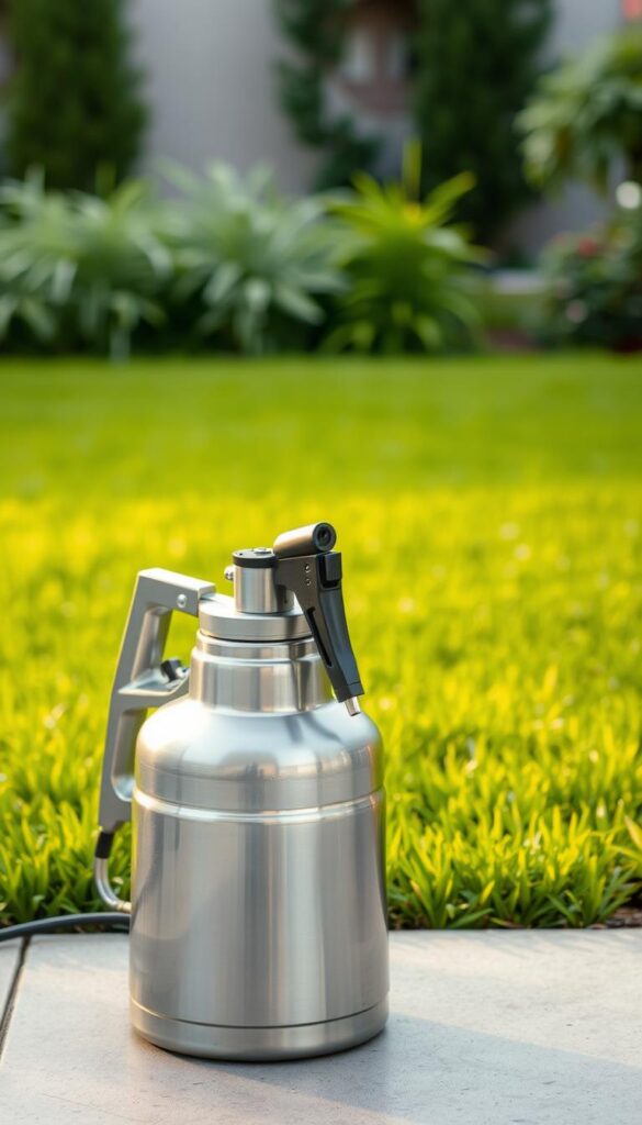 A high-quality weed control sprayer stands prominently in the foreground, its sleek metal body gleaming under the warm, diffused lighting. The sprayer's nozzle is precisely positioned, ready to deliver a targeted, efficient spray of herbicide. In the middle ground, a lush, verdant lawn stretches out, its vibrant green hues contrasting with the sprayer's utilitarian design. The background is softly blurred, hinting at a well-maintained garden or landscaped yard, creating a sense of calm and order. The overall composition conveys a mood of diligent, professional weed management, with the sprayer as the centerpiece of this tailored, tidy scene. A high-quality weed control sprayer stands prominently in the foreground, its sleek metal body gleaming under the warm, diffused lighting. The sprayer's nozzle is precisely positioned, ready to deliver a targeted, efficient spray of herbicide. In the middle ground, a lush, verdant lawn stretches out, its vibrant green hues contrasting with the sprayer's utilitarian design. The background is softly blurred, hinting at a well-maintained garden or landscaped yard, creating a sense of calm and order. The overall composition conveys a mood of diligent, professional weed management, with the sprayer as the centerpiece of this tailored, tidy scene.