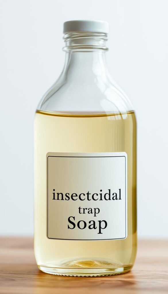 A high-resolution, close-up photograph of a transparent glass bottle filled with a clear, viscous liquid. The bottle has a simple, minimalist label with the text "Insecticidal Soap" in a classic serif font. The liquid inside the bottle has a slightly greenish-yellow hue, reflecting the natural ingredients used to create this effective, organic pest control solution. The background is blurred, creating a soft, out-of-focus effect that draws the viewer's attention to the bottle and its contents. The lighting is soft and diffused, creating a warm, natural tone that enhances the organic nature of the product. The entire composition conveys a sense of simplicity, effectiveness, and environmental consciousness. A high-resolution, close-up photograph of a transparent glass bottle filled with a clear, viscous liquid. The bottle has a simple, minimalist label with the text "Insecticidal Soap" in a classic serif font. The liquid inside the bottle has a slightly greenish-yellow hue, reflecting the natural ingredients used to create this effective, organic pest control solution. The background is blurred, creating a soft, out-of-focus effect that draws the viewer's attention to the bottle and its contents. The lighting is soft and diffused, creating a warm, natural tone that enhances the organic nature of the product. The entire composition conveys a sense of simplicity, effectiveness, and environmental consciousness.