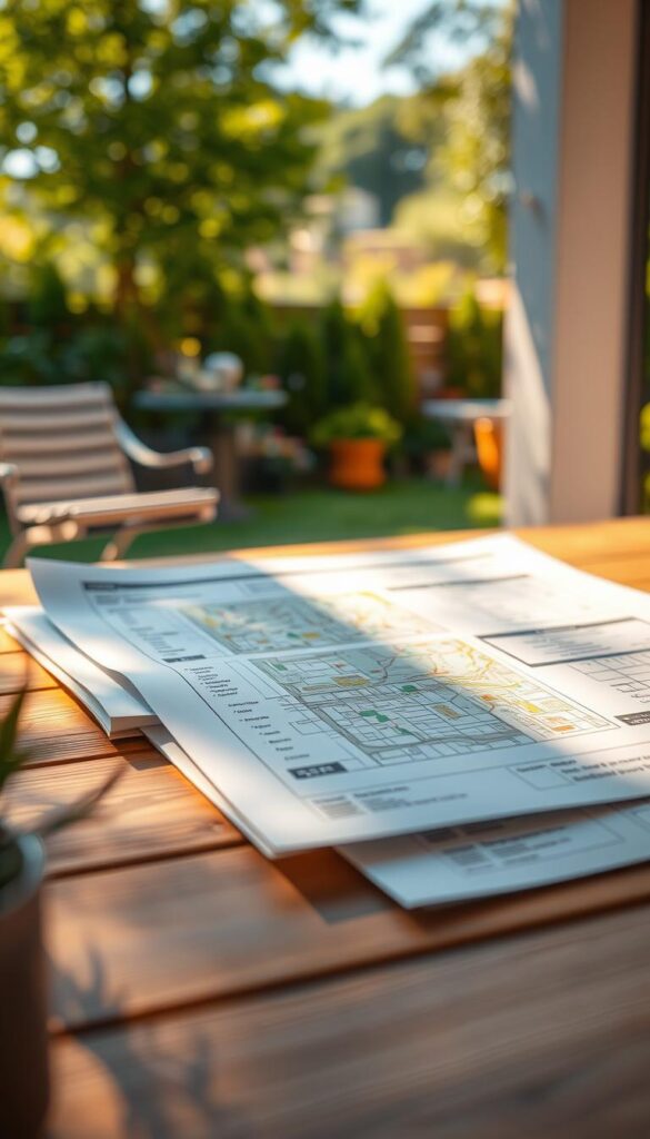 A high-resolution, detailed architectural illustration depicting zoning regulations and planning guidelines for an outdoor living space. The foreground shows a series of zoning maps, permit documents, and land-use diagrams, presented on a wooden table against a blurred background of lush greenery and a serene outdoor scene. Warm, directional lighting casts subtle shadows, creating depth and emphasizing the technical nature of the subject matter. The overall mood is one of professionalism and thoughtful planning, conveying the importance of understanding local zoning rules and regulations when designing outdoor areas for dining, relaxation, and gardening.
