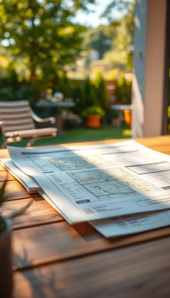 A high-resolution, detailed architectural illustration depicting zoning regulations and planning guidelines for an outdoor living space. The foreground shows a series of zoning maps, permit documents, and land-use diagrams, presented on a wooden table against a blurred background of lush greenery and a serene outdoor scene. Warm, directional lighting casts subtle shadows, creating depth and emphasizing the technical nature of the subject matter. The overall mood is one of professionalism and thoughtful planning, conveying the importance of understanding local zoning rules and regulations when designing outdoor areas for dining, relaxation, and gardening. A high-resolution, detailed architectural illustration depicting zoning regulations and planning guidelines for an outdoor living space. The foreground shows a series of zoning maps, permit documents, and land-use diagrams, presented on a wooden table against a blurred background of lush greenery and a serene outdoor scene. Warm, directional lighting casts subtle shadows, creating depth and emphasizing the technical nature of the subject matter. The overall mood is one of professionalism and thoughtful planning, conveying the importance of understanding local zoning rules and regulations when designing outdoor areas for dining, relaxation, and gardening.