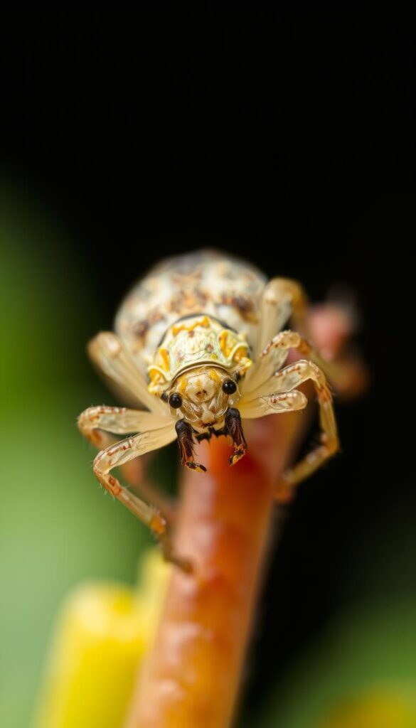 A highly detailed, macro-scale view of a garden pest, such as a spider mite or aphid, seen through a sharp, high-resolution lens. The creature should fill the frame, with a shallow depth of field that blurs the background. Crisp, even lighting illuminates the intricate textures and features of the pest, accentuating its small, but formidable scale. The image should convey a sense of both the pest's destructive potential and the need for vigilance in identifying and addressing such indoor plant threats early on.