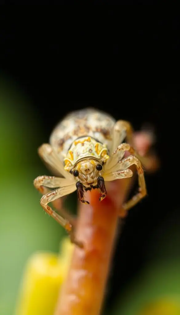A highly detailed, macro-scale view of a garden pest, such as a spider mite or aphid, seen through a sharp, high-resolution lens. The creature should fill the frame, with a shallow depth of field that blurs the background. Crisp, even lighting illuminates the intricate textures and features of the pest, accentuating its small, but formidable scale. The image should convey a sense of both the pest's destructive potential and the need for vigilance in identifying and addressing such indoor plant threats early on.