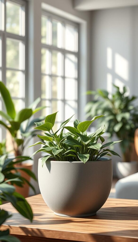 A highly detailed, photorealistic image of a self-watering planter in a well-lit, airy setting. The planter is made of matte ceramic, with a sleek, minimalist design and a subtle texture. It sits on a wooden surface, surrounded by lush greenery and natural lighting filtering through large windows. The planter is filled with healthy, vibrant houseplants, their leaves casting soft shadows. The composition emphasizes the planter's size, shape, and material, showcasing its functionality and aesthetic appeal in the context of a beautifully styled indoor space.
