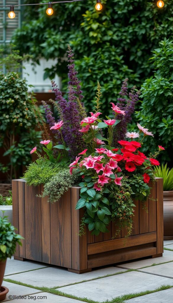 A large, modern container for a patio or small garden, made of weathered wood or concrete. The planter is rectangular in shape, with clean lines and a minimalist design. It sits on a patio or deck, surrounded by lush greenery and a few potted plants. Soft, warm lighting from above illuminates the scene, creating a cozy and inviting atmosphere. The container is filled with a mix of vibrant flowers, cascading vines, and verdant foliage, creating a visually striking focal point. The overall composition emphasizes the container's role as a versatile and impactful element in a small outdoor space. A large, modern container for a patio or small garden, made of weathered wood or concrete. The planter is rectangular in shape, with clean lines and a minimalist design. It sits on a patio or deck, surrounded by lush greenery and a few potted plants. Soft, warm lighting from above illuminates the scene, creating a cozy and inviting atmosphere. The container is filled with a mix of vibrant flowers, cascading vines, and verdant foliage, creating a visually striking focal point. The overall composition emphasizes the container's role as a versatile and impactful element in a small outdoor space.