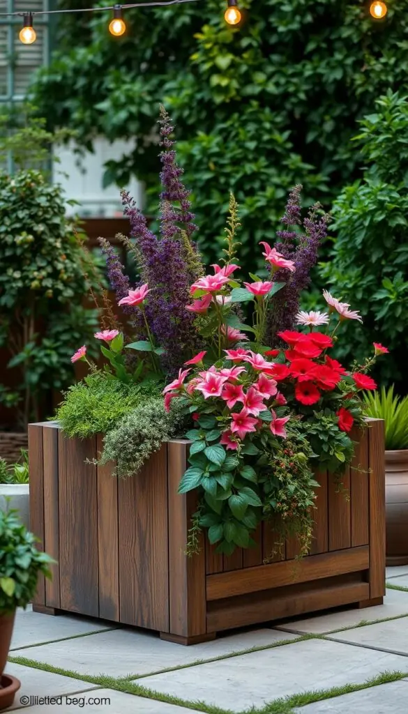 A large, modern container for a patio or small garden, made of weathered wood or concrete. The planter is rectangular in shape, with clean lines and a minimalist design. It sits on a patio or deck, surrounded by lush greenery and a few potted plants. Soft, warm lighting from above illuminates the scene, creating a cozy and inviting atmosphere. The container is filled with a mix of vibrant flowers, cascading vines, and verdant foliage, creating a visually striking focal point. The overall composition emphasizes the container's role as a versatile and impactful element in a small outdoor space. A large, modern container for a patio or small garden, made of weathered wood or concrete. The planter is rectangular in shape, with clean lines and a minimalist design. It sits on a patio or deck, surrounded by lush greenery and a few potted plants. Soft, warm lighting from above illuminates the scene, creating a cozy and inviting atmosphere. The container is filled with a mix of vibrant flowers, cascading vines, and verdant foliage, creating a visually striking focal point. The overall composition emphasizes the container's role as a versatile and impactful element in a small outdoor space.