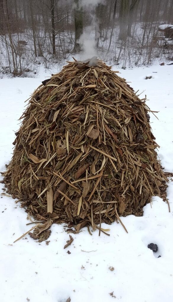 A large, well-insulated compost pile made of decaying organic matter, situated in a snowy winter landscape. The pile is approximately 3 feet high and 5 feet wide, with a conical shape and a flat top. The exterior is covered in a thick layer of dry leaves and straw, creating an insulating layer that traps heat inside. Warm steam gently rises from the top, indicating active decomposition. The pile is positioned in a shaded spot, protected from strong winds. Soft, muted lighting illuminates the scene, creating a serene and calming atmosphere. A large, well-insulated compost pile made of decaying organic matter, situated in a snowy winter landscape. The pile is approximately 3 feet high and 5 feet wide, with a conical shape and a flat top. The exterior is covered in a thick layer of dry leaves and straw, creating an insulating layer that traps heat inside. Warm steam gently rises from the top, indicating active decomposition. The pile is positioned in a shaded spot, protected from strong winds. Soft, muted lighting illuminates the scene, creating a serene and calming atmosphere.