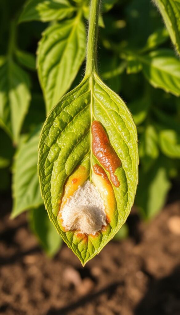 A late blight-infected tomato leaf, close-up, with water-soaked blotches and a fuzzy, white growth underneath, against a blurred background of healthy green leaves. The lighting is natural, warm, and diffused, creating subtle shadows that accentuate the disease's textural details. The composition is balanced, with the diseased leaf occupying the center of the frame, allowing the viewer to focus on the key diagnostic features of this fungal disease. A late blight-infected tomato leaf, close-up, with water-soaked blotches and a fuzzy, white growth underneath, against a blurred background of healthy green leaves. The lighting is natural, warm, and diffused, creating subtle shadows that accentuate the disease's textural details. The composition is balanced, with the diseased leaf occupying the center of the frame, allowing the viewer to focus on the key diagnostic features of this fungal disease.