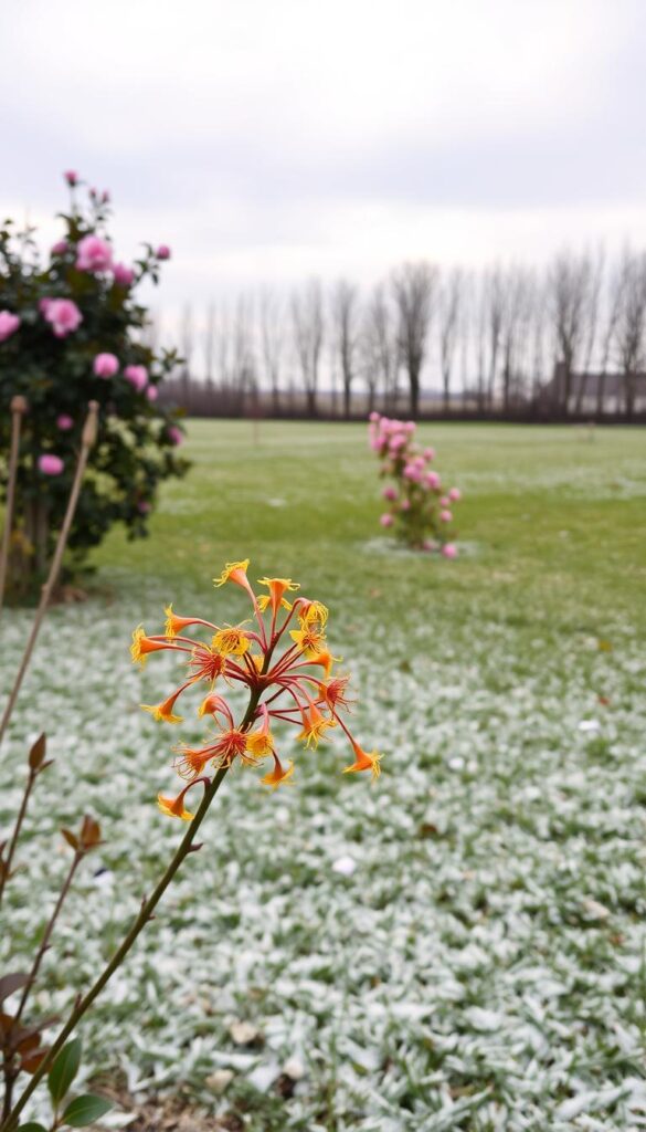 A late-winter landscape under a soft, overcast sky. In the foreground, a flowering witch hazel shrub with its delicate, spidery yellow blooms. Behind it, the lush foliage and vibrant pink blossoms of a camellia plant, its flowers catching the faint winter light. In the middle ground, a grassy field blanketed in a light dusting of snow, leading the eye towards a row of bare, skeletal trees on the horizon. The overall mood is one of quiet, contemplative beauty, a harbinger of the coming spring. A late-winter landscape under a soft, overcast sky. In the foreground, a flowering witch hazel shrub with its delicate, spidery yellow blooms. Behind it, the lush foliage and vibrant pink blossoms of a camellia plant, its flowers catching the faint winter light. In the middle ground, a grassy field blanketed in a light dusting of snow, leading the eye towards a row of bare, skeletal trees on the horizon. The overall mood is one of quiet, contemplative beauty, a harbinger of the coming spring.