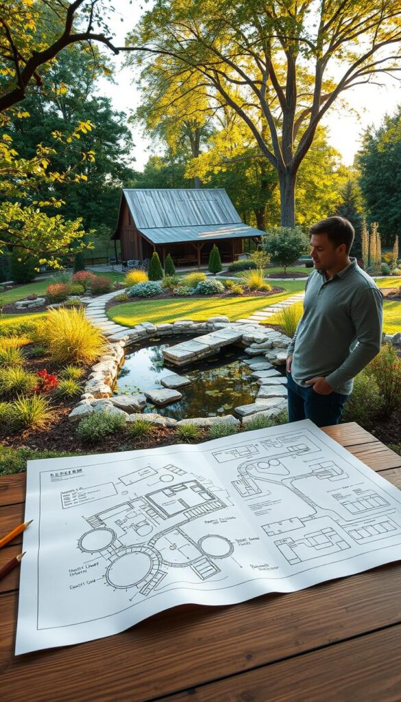 A layout designer standing amidst a lush, well-manicured backyard, surveying the scene with a discerning eye. In the foreground, a hand-drawn plan is spread out on a wooden table, meticulously sketched with paths, plantings, and designated outdoor living spaces. The middle ground features a tranquil pond with a stone bridge, surrounded by a mix of native flora and modern hardscaping elements. In the background, a rustic, weathered barn provides a charming counterpoint to the contemporary design. Warm, golden sunlight filters through the trees, casting a serene glow over the entire scene. The layout designer's pose is one of thoughtful contemplation, capturing the essence of careful planning and artistic vision required to create an outdoor oasis.