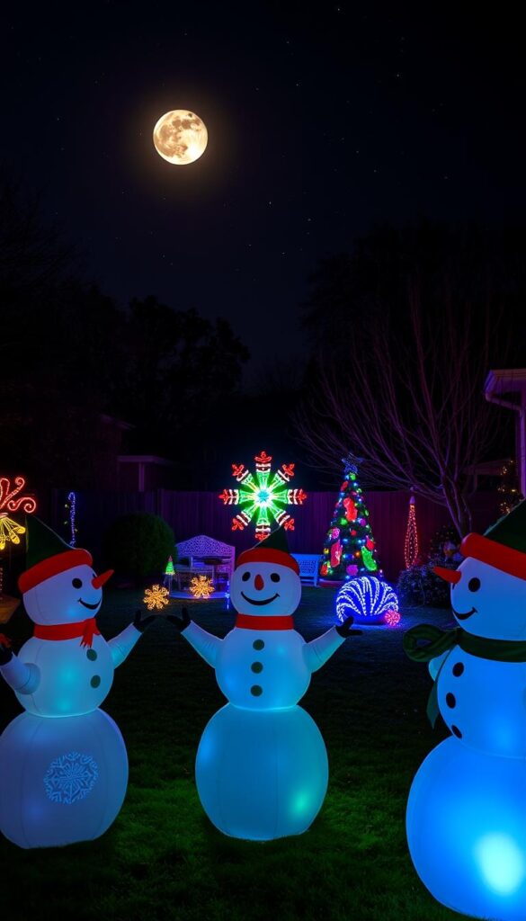 A lively backyard scene, bathed in the warm glow of holiday LED displays. In the foreground, a trio of inflatable snowmen stand tall, their crisp white forms illuminated from within. In the middle ground, a dazzling LED sign casts a kaleidoscopic array of colors, casting a festive ambiance. Behind, the night sky is dotted with twinkling stars, while a full moon shines down, casting a soft, ethereal light across the entire landscape. The overall atmosphere is one of joy, wonder, and the celebration of the holiday season.