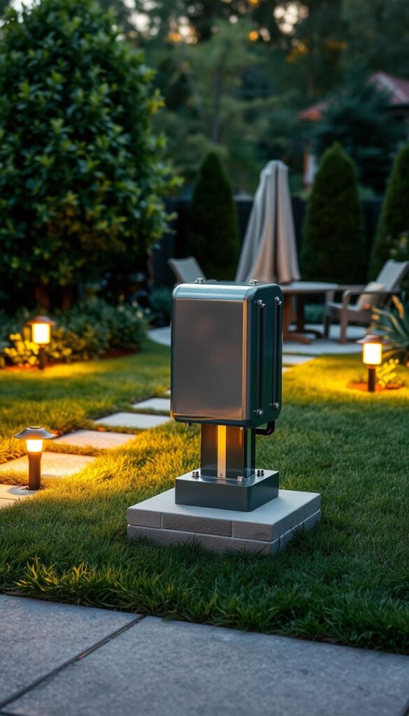 A low-voltage transformer for outdoor lighting, standing atop a concrete base in a lush, verdant backyard. The transformer's metallic housing gleams under the warm, diffused light, casting gentle shadows across the neatly trimmed grass. Surrounding the transformer are well-spaced, evenly-lit path lights, their soft glow illuminating the walkway leading to a cozy seating area. The overall scene conveys a sense of safety, reliability, and attention to detail in the outdoor lighting installation. A low-voltage transformer for outdoor lighting, standing atop a concrete base in a lush, verdant backyard. The transformer's metallic housing gleams under the warm, diffused light, casting gentle shadows across the neatly trimmed grass. Surrounding the transformer are well-spaced, evenly-lit path lights, their soft glow illuminating the walkway leading to a cozy seating area. The overall scene conveys a sense of safety, reliability, and attention to detail in the outdoor lighting installation.