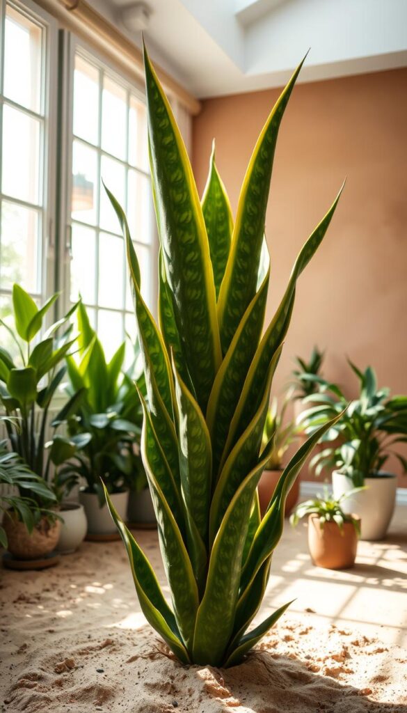 A lush, ambient environment for a thriving snake plant. In the foreground, a mature snake plant with vibrant, sculptural leaves towers over a well-drained, sandy soil bed. Diffused natural light filters in from large windows, casting gentle shadows and highlights on the plant's intricate foliage. The middle ground features complementary potted plants, their varied textures and greens creating a harmonious botanical tableau. In the background, a minimalist, earthy-toned wall provides a simple, calming backdrop, emphasizing the snake plant's striking silhouette. The overall scene exudes a sense of tranquility, wellness, and the perfect conditions for the snake plant to thrive. A lush, ambient environment for a thriving snake plant. In the foreground, a mature snake plant with vibrant, sculptural leaves towers over a well-drained, sandy soil bed. Diffused natural light filters in from large windows, casting gentle shadows and highlights on the plant's intricate foliage. The middle ground features complementary potted plants, their varied textures and greens creating a harmonious botanical tableau. In the background, a minimalist, earthy-toned wall provides a simple, calming backdrop, emphasizing the snake plant's striking silhouette. The overall scene exudes a sense of tranquility, wellness, and the perfect conditions for the snake plant to thrive.