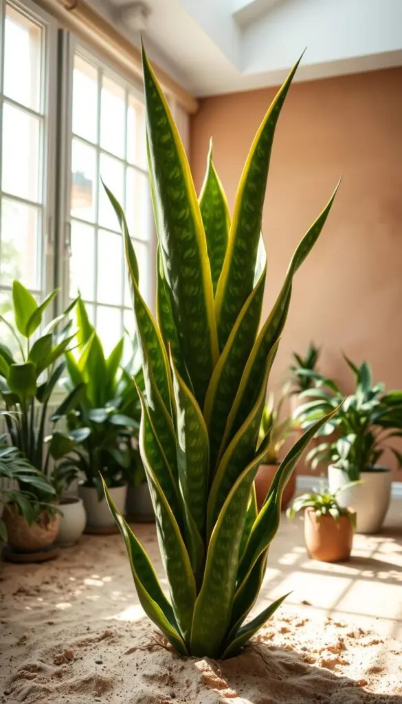 A lush, ambient environment for a thriving snake plant. In the foreground, a mature snake plant with vibrant, sculptural leaves towers over a well-drained, sandy soil bed. Diffused natural light filters in from large windows, casting gentle shadows and highlights on the plant's intricate foliage. The middle ground features complementary potted plants, their varied textures and greens creating a harmonious botanical tableau. In the background, a minimalist, earthy-toned wall provides a simple, calming backdrop, emphasizing the snake plant's striking silhouette. The overall scene exudes a sense of tranquility, wellness, and the perfect conditions for the snake plant to thrive. A lush, ambient environment for a thriving snake plant. In the foreground, a mature snake plant with vibrant, sculptural leaves towers over a well-drained, sandy soil bed. Diffused natural light filters in from large windows, casting gentle shadows and highlights on the plant's intricate foliage. The middle ground features complementary potted plants, their varied textures and greens creating a harmonious botanical tableau. In the background, a minimalist, earthy-toned wall provides a simple, calming backdrop, emphasizing the snake plant's striking silhouette. The overall scene exudes a sense of tranquility, wellness, and the perfect conditions for the snake plant to thrive.
