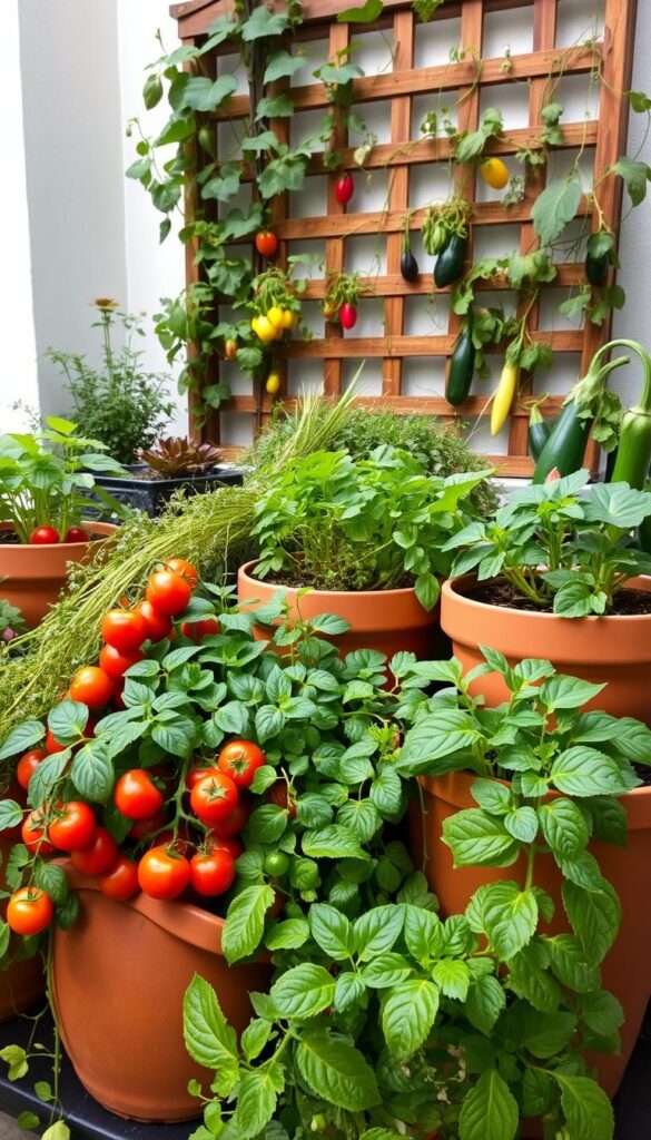 A lush and beautifully designed container garden, featuring a variety of vibrant vegetables and herbs thriving in a harmonious arrangement. The foreground showcases an assortment of leafy greens, tomatoes, and trailing vines cascading over the edges of stylish terracotta pots. The middle ground features a mix of compact vegetable varieties, such as peppers, eggplants, and zucchini, artfully positioned to create a visually appealing layout. The background features a wooden trellis or lattice, draped with climbing vines or flowering plants, adding depth and a sense of verdant enclosure. Soft, diffused lighting bathes the scene, highlighting the rich colors and textures of the plants, while casting gentle shadows to accentuate the three-dimensional composition. The overall impression is one of a harmonious, productive, and aesthetically pleasing container garden, perfect for inspiring urban gardeners to grow more in small spaces. A lush and beautifully designed container garden, featuring a variety of vibrant vegetables and herbs thriving in a harmonious arrangement. The foreground showcases an assortment of leafy greens, tomatoes, and trailing vines cascading over the edges of stylish terracotta pots. The middle ground features a mix of compact vegetable varieties, such as peppers, eggplants, and zucchini, artfully positioned to create a visually appealing layout. The background features a wooden trellis or lattice, draped with climbing vines or flowering plants, adding depth and a sense of verdant enclosure. Soft, diffused lighting bathes the scene, highlighting the rich colors and textures of the plants, while casting gentle shadows to accentuate the three-dimensional composition. The overall impression is one of a harmonious, productive, and aesthetically pleasing container garden, perfect for inspiring urban gardeners to grow more in small spaces.
