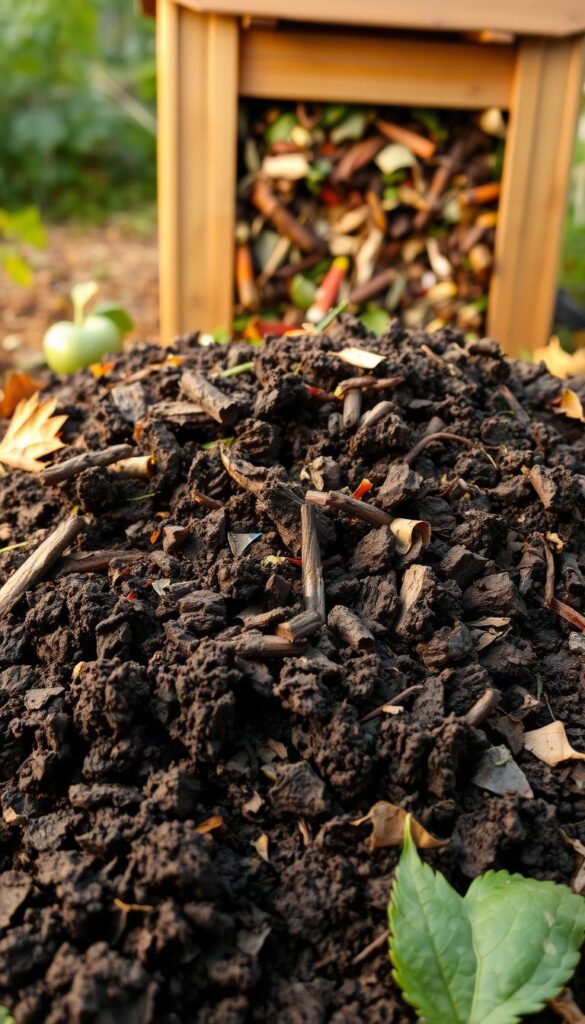 A lush and earthy compost pile, its contents transformed into rich, dark humus. The foreground features a close-up view of the decomposed organic matter, revealing a crumbly, nutrient-dense texture. The middle ground showcases a diverse array of decomposing materials, including fallen leaves, vegetable scraps, and shredded paper. In the background, a well-maintained compost bin or tumbler stands, its wooden or plastic structure blending seamlessly with the natural surroundings. The scene is illuminated by warm, diffused lighting, casting a gentle glow over the scene and highlighting the vibrant colors of the compost. The overall atmosphere conveys a sense of harmony, sustainability, and the cycle of life, reflecting the welcoming introduction to the art of composting. A lush and earthy compost pile, its contents transformed into rich, dark humus. The foreground features a close-up view of the decomposed organic matter, revealing a crumbly, nutrient-dense texture. The middle ground showcases a diverse array of decomposing materials, including fallen leaves, vegetable scraps, and shredded paper. In the background, a well-maintained compost bin or tumbler stands, its wooden or plastic structure blending seamlessly with the natural surroundings. The scene is illuminated by warm, diffused lighting, casting a gentle glow over the scene and highlighting the vibrant colors of the compost. The overall atmosphere conveys a sense of harmony, sustainability, and the cycle of life, reflecting the welcoming introduction to the art of composting.