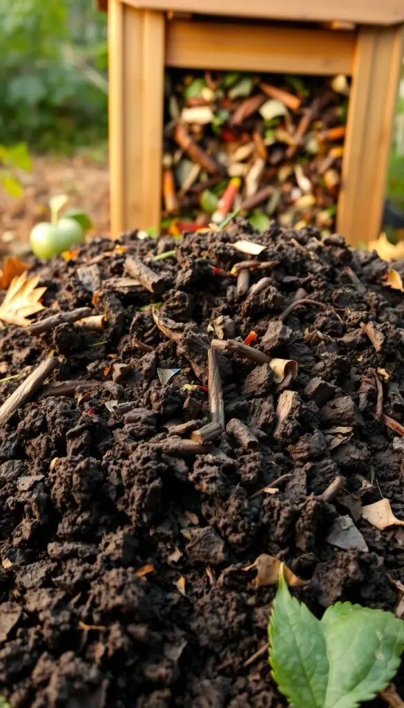 A lush and earthy compost pile, its contents transformed into rich, dark humus. The foreground features a close-up view of the decomposed organic matter, revealing a crumbly, nutrient-dense texture. The middle ground showcases a diverse array of decomposing materials, including fallen leaves, vegetable scraps, and shredded paper. In the background, a well-maintained compost bin or tumbler stands, its wooden or plastic structure blending seamlessly with the natural surroundings. The scene is illuminated by warm, diffused lighting, casting a gentle glow over the scene and highlighting the vibrant colors of the compost. The overall atmosphere conveys a sense of harmony, sustainability, and the cycle of life, reflecting the welcoming introduction to the art of composting. A lush and earthy compost pile, its contents transformed into rich, dark humus. The foreground features a close-up view of the decomposed organic matter, revealing a crumbly, nutrient-dense texture. The middle ground showcases a diverse array of decomposing materials, including fallen leaves, vegetable scraps, and shredded paper. In the background, a well-maintained compost bin or tumbler stands, its wooden or plastic structure blending seamlessly with the natural surroundings. The scene is illuminated by warm, diffused lighting, casting a gentle glow over the scene and highlighting the vibrant colors of the compost. The overall atmosphere conveys a sense of harmony, sustainability, and the cycle of life, reflecting the welcoming introduction to the art of composting.