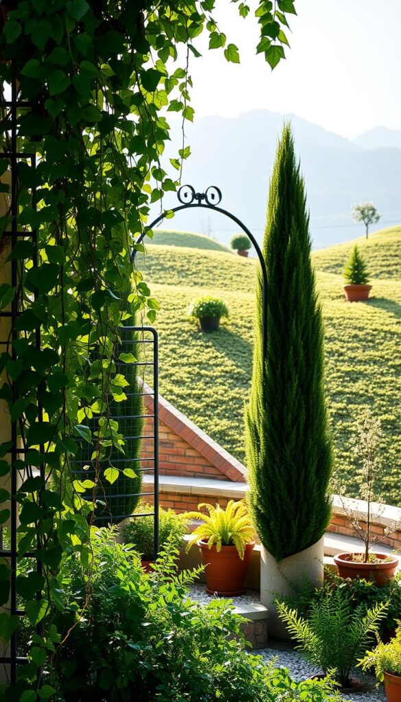 A lush and serene vertical garden, bathed in soft, natural light. In the foreground, a trellis entwined with verdant vines cascades down, adding texture and depth. The middle ground features a graceful wrought-iron arch, its delicate silhouette complementing the towering potted plants that flank it. In the background, the gentle slope of a landscaped hill provides a sense of scale, with small, ornamental trees adding height and visual interest. The overall atmosphere is one of tranquility and organic elegance, perfectly suited to showcase the beauty of vertical garden features.