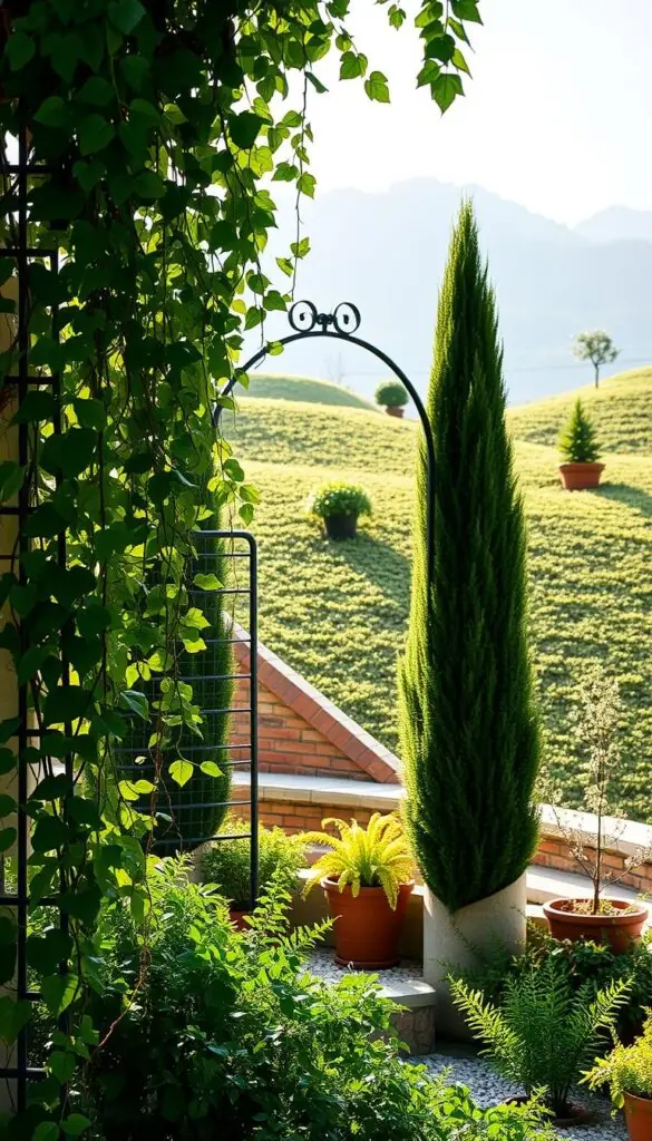 A lush and serene vertical garden, bathed in soft, natural light. In the foreground, a trellis entwined with verdant vines cascades down, adding texture and depth. The middle ground features a graceful wrought-iron arch, its delicate silhouette complementing the towering potted plants that flank it. In the background, the gentle slope of a landscaped hill provides a sense of scale, with small, ornamental trees adding height and visual interest. The overall atmosphere is one of tranquility and organic elegance, perfectly suited to showcase the beauty of vertical garden features.