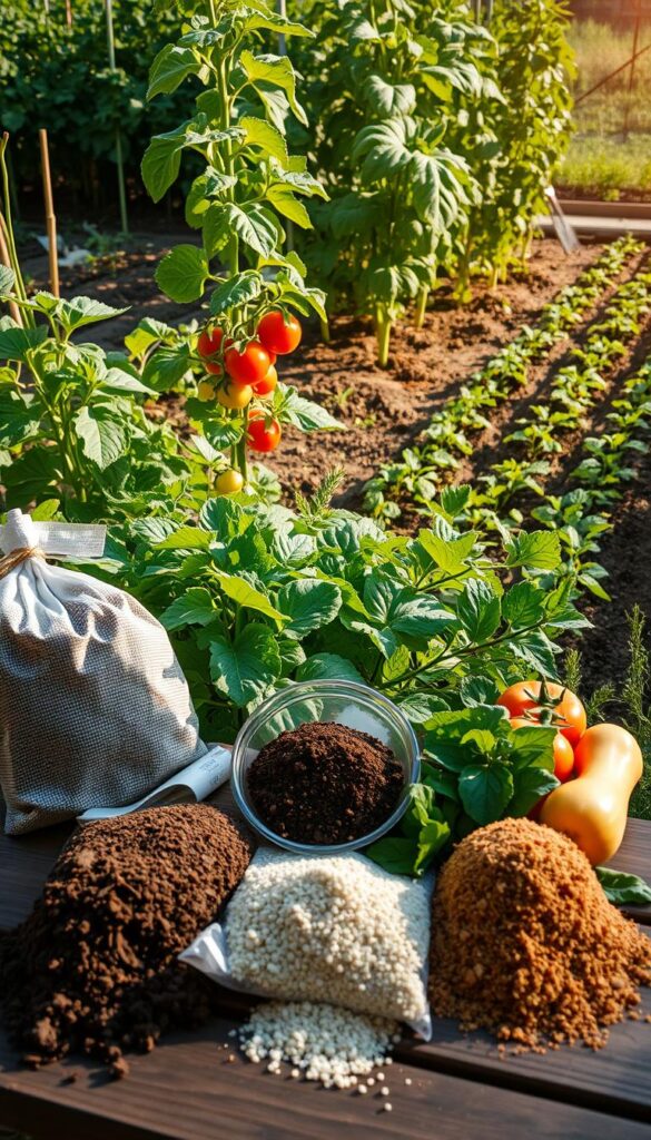 A lush and thriving vegetable garden, bathed in warm afternoon sunlight. In the foreground, various organic fertilizers and soil amendments - compost, manure, bone meal, and coffee grounds - are artfully arranged on a rustic wooden surface. In the middle ground, vibrant leafy greens, plump tomatoes, and bursting squash plants stand tall, their leaves glistening with health. The background features a neatly tended garden bed, with rows of neat furrows and a few weeding tools casually scattered. The overall atmosphere evokes a sense of abundance, productivity, and the joys of homegrown, sustainable gardening. A lush and thriving vegetable garden, bathed in warm afternoon sunlight. In the foreground, various organic fertilizers and soil amendments - compost, manure, bone meal, and coffee grounds - are artfully arranged on a rustic wooden surface. In the middle ground, vibrant leafy greens, plump tomatoes, and bursting squash plants stand tall, their leaves glistening with health. The background features a neatly tended garden bed, with rows of neat furrows and a few weeding tools casually scattered. The overall atmosphere evokes a sense of abundance, productivity, and the joys of homegrown, sustainable gardening.