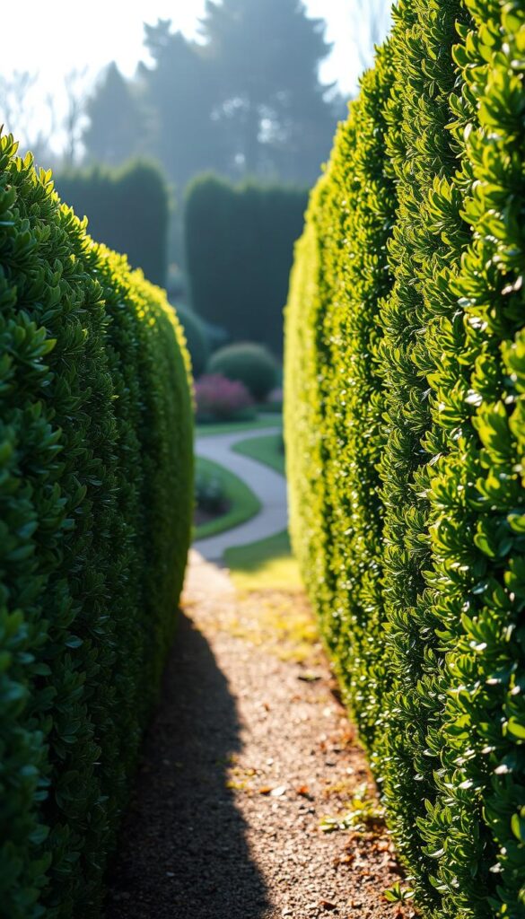 A lush and verdant boxwood hedge, its neatly trimmed foliage glistening in the soft, diffused light. The path leading through the garden winds gently, inviting the viewer to explore. In the foreground, the crisp, evergreen leaves of the boxwood cast captivating shadows, while the middle ground reveals a tranquil scene of the path disappearing into the distance. The background is lush with additional plantings, creating a serene and inviting atmosphere. Captured with a wide-angle lens to emphasize the depth and scale of the scene, this image evokes a sense of peaceful contemplation and the beauty of winter's evergreen gems. A lush and verdant boxwood hedge, its neatly trimmed foliage glistening in the soft, diffused light. The path leading through the garden winds gently, inviting the viewer to explore. In the foreground, the crisp, evergreen leaves of the boxwood cast captivating shadows, while the middle ground reveals a tranquil scene of the path disappearing into the distance. The background is lush with additional plantings, creating a serene and inviting atmosphere. Captured with a wide-angle lens to emphasize the depth and scale of the scene, this image evokes a sense of peaceful contemplation and the beauty of winter's evergreen gems.