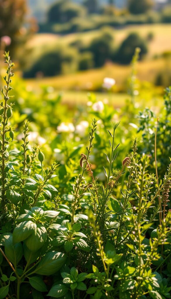A lush and verdant garden scene, showcasing the harmonious companionship of various herbs. In the foreground, vibrant basil, thyme, and rosemary plants intertwine, their leaves gently swaying in a soft breeze. The middle ground reveals a mix of complementary herbs such as parsley, chives, and oregano, their diverse shapes and colors creating a visually captivating tapestry. The background features a blurred, sun-dappled landscape, hinting at the natural balance and synergy inherent in this carefully curated companion planting display. The lighting is warm and inviting, casting a golden glow that enhances the overall sense of tranquility and abundance. Captured through a wide-angle lens, the image conveys the importance of thoughtful plant pairing and the benefits of allelopathy in sustainable vegetable gardening. A lush and verdant garden scene, showcasing the harmonious companionship of various herbs. In the foreground, vibrant basil, thyme, and rosemary plants intertwine, their leaves gently swaying in a soft breeze. The middle ground reveals a mix of complementary herbs such as parsley, chives, and oregano, their diverse shapes and colors creating a visually captivating tapestry. The background features a blurred, sun-dappled landscape, hinting at the natural balance and synergy inherent in this carefully curated companion planting display. The lighting is warm and inviting, casting a golden glow that enhances the overall sense of tranquility and abundance. Captured through a wide-angle lens, the image conveys the importance of thoughtful plant pairing and the benefits of allelopathy in sustainable vegetable gardening.