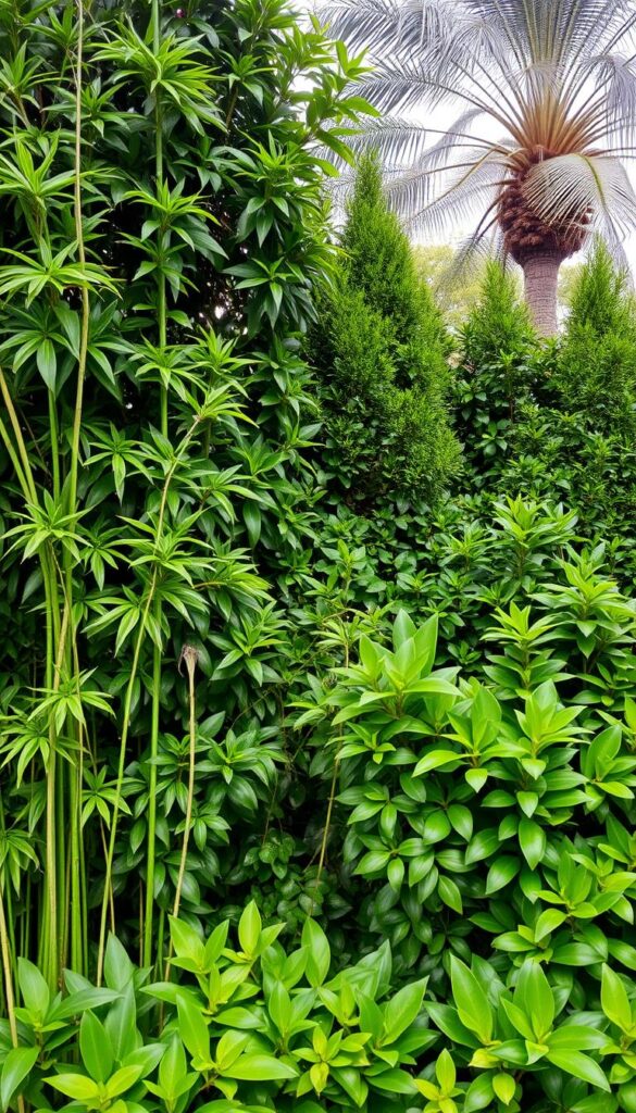 A lush and verdant privacy screen, composed of densely packed leafy plants in various shades of green. The foreground features a mix of tall, slender bamboo-like stalks and broad-leaved tropical foliage, creating a natural, layered visual texture. The middle ground showcases a variety of shapely evergreen shrubs, their glossy leaves gently swaying in a soft, diffused light. In the background, towering trees with delicate, feathery fronds provide depth and a sense of enclosure, casting a warm, dappled glow across the scene. The overall composition exudes a tranquil, serene atmosphere, inviting the viewer to imagine the seclusion and privacy this living screen could offer in a backyard oasis. A lush and verdant privacy screen, composed of densely packed leafy plants in various shades of green. The foreground features a mix of tall, slender bamboo-like stalks and broad-leaved tropical foliage, creating a natural, layered visual texture. The middle ground showcases a variety of shapely evergreen shrubs, their glossy leaves gently swaying in a soft, diffused light. In the background, towering trees with delicate, feathery fronds provide depth and a sense of enclosure, casting a warm, dappled glow across the scene. The overall composition exudes a tranquil, serene atmosphere, inviting the viewer to imagine the seclusion and privacy this living screen could offer in a backyard oasis.