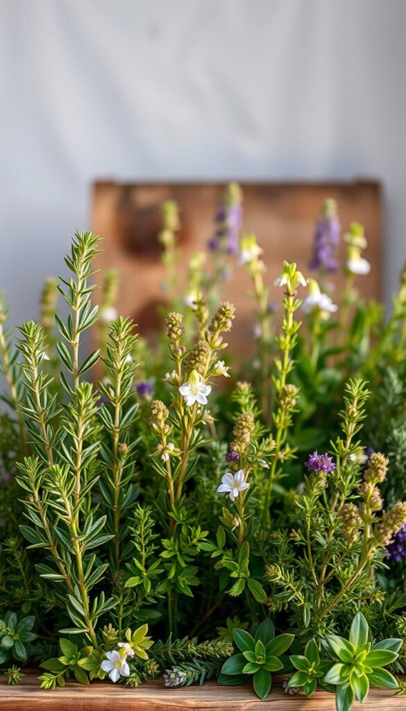A lush and vibrant arrangement of fragrant evergreen herbs set against a soft, blurred background. In the foreground, clusters of rosemary, sage, and thyme plants stand tall, their delicate leaves and flowers illuminated by warm, natural lighting. The middle ground features a hint of a weathered, wooden surface, adding a rustic, earthy touch. The background is gently blurred, creating a sense of depth and focus on the beautifully composed herbs. The overall mood is one of tranquility, inviting the viewer to savor the sights and scents of these resilient, early spring botanicals.
