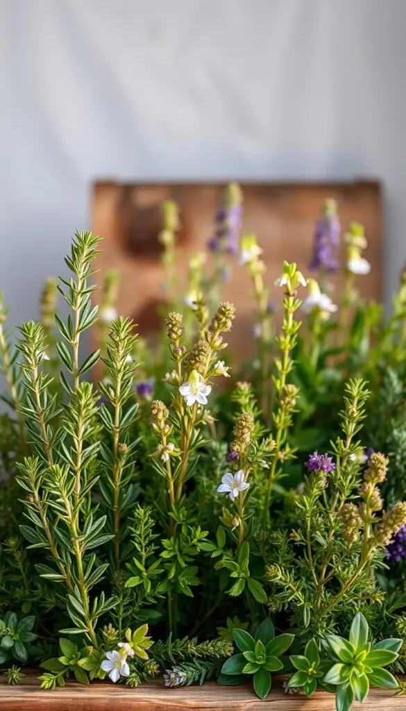 A lush and vibrant arrangement of fragrant evergreen herbs set against a soft, blurred background. In the foreground, clusters of rosemary, sage, and thyme plants stand tall, their delicate leaves and flowers illuminated by warm, natural lighting. The middle ground features a hint of a weathered, wooden surface, adding a rustic, earthy touch. The background is gently blurred, creating a sense of depth and focus on the beautifully composed herbs. The overall mood is one of tranquility, inviting the viewer to savor the sights and scents of these resilient, early spring botanicals. A lush and vibrant arrangement of fragrant evergreen herbs set against a soft, blurred background. In the foreground, clusters of rosemary, sage, and thyme plants stand tall, their delicate leaves and flowers illuminated by warm, natural lighting. The middle ground features a hint of a weathered, wooden surface, adding a rustic, earthy touch. The background is gently blurred, creating a sense of depth and focus on the beautifully composed herbs. The overall mood is one of tranquility, inviting the viewer to savor the sights and scents of these resilient, early spring botanicals.