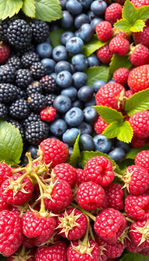 A lush and vibrant arrangement of summer-fruiting berries, captured in natural lighting with a crisp, high-resolution camera lens. In the foreground, clusters of plump, juicy raspberries in deep ruby hues, their delicate canes intertwined. The middle ground features a scattering of blackberries, their glossy black drupes contrasting against the vibrant green foliage. In the background, a smattering of blueberries in various stages of ripeness, from soft azure to deep indigo, nestled among the verdant leaves. The overall composition conveys the bounty and beauty of these summer-harvested berries, ready to be carefully pruned for an even more bountiful yield next year. A lush and vibrant arrangement of summer-fruiting berries, captured in natural lighting with a crisp, high-resolution camera lens. In the foreground, clusters of plump, juicy raspberries in deep ruby hues, their delicate canes intertwined. The middle ground features a scattering of blackberries, their glossy black drupes contrasting against the vibrant green foliage. In the background, a smattering of blueberries in various stages of ripeness, from soft azure to deep indigo, nestled among the verdant leaves. The overall composition conveys the bounty and beauty of these summer-harvested berries, ready to be carefully pruned for an even more bountiful yield next year.