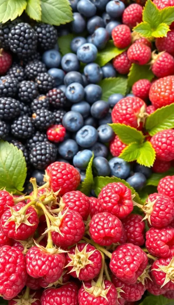 A lush and vibrant arrangement of summer-fruiting berries, captured in natural lighting with a crisp, high-resolution camera lens. In the foreground, clusters of plump, juicy raspberries in deep ruby hues, their delicate canes intertwined. The middle ground features a scattering of blackberries, their glossy black drupes contrasting against the vibrant green foliage. In the background, a smattering of blueberries in various stages of ripeness, from soft azure to deep indigo, nestled among the verdant leaves. The overall composition conveys the bounty and beauty of these summer-harvested berries, ready to be carefully pruned for an even more bountiful yield next year. A lush and vibrant arrangement of summer-fruiting berries, captured in natural lighting with a crisp, high-resolution camera lens. In the foreground, clusters of plump, juicy raspberries in deep ruby hues, their delicate canes intertwined. The middle ground features a scattering of blackberries, their glossy black drupes contrasting against the vibrant green foliage. In the background, a smattering of blueberries in various stages of ripeness, from soft azure to deep indigo, nestled among the verdant leaves. The overall composition conveys the bounty and beauty of these summer-harvested berries, ready to be carefully pruned for an even more bountiful yield next year.