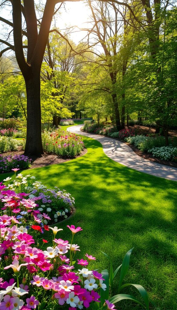 A lush and vibrant garden scene, showcasing distinct zones of sun and shade. In the foreground, a bountiful flower bed bursts with colorful blooms - delicate petals and vibrant hues capturing the essence of spring. Towering trees cast dappled shadows across the middle ground, creating a tranquil, verdant atmosphere. In the background, a winding pathway leads the eye through a shaded woodland, hinting at the diversity of microclimates within this garden oasis. Warm, directional sunlight filters through the canopy, casting a soft, golden glow that illuminates the scene. Captured with a wide-angle lens to encompass the full scope of this harmonious garden design, tailored to maximize the potential of each planting zone. A lush and vibrant garden scene, showcasing distinct zones of sun and shade. In the foreground, a bountiful flower bed bursts with colorful blooms - delicate petals and vibrant hues capturing the essence of spring. Towering trees cast dappled shadows across the middle ground, creating a tranquil, verdant atmosphere. In the background, a winding pathway leads the eye through a shaded woodland, hinting at the diversity of microclimates within this garden oasis. Warm, directional sunlight filters through the canopy, casting a soft, golden glow that illuminates the scene. Captured with a wide-angle lens to encompass the full scope of this harmonious garden design, tailored to maximize the potential of each planting zone.