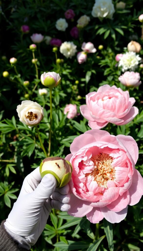 A lush and vibrant garden scene, with a close-up view of several peonies in various stages of growth and health. In the foreground, a peony bud is being carefully examined by a pair of gloved hands, revealing signs of pest or disease. In the middle ground, a fully bloomed peony stands tall, its delicate petals unfurling, while ants can be seen navigating the intricate flower. In the background, a variety of healthy peony plants in different colors and sizes create a diverse and harmonious display. The lighting is soft and natural, casting gentle shadows and highlighting the texture and details of the flowers. The overall mood is one of thoughtful investigation and problem-solving, with the peonies serving as the central focus of this troubleshooting scene.