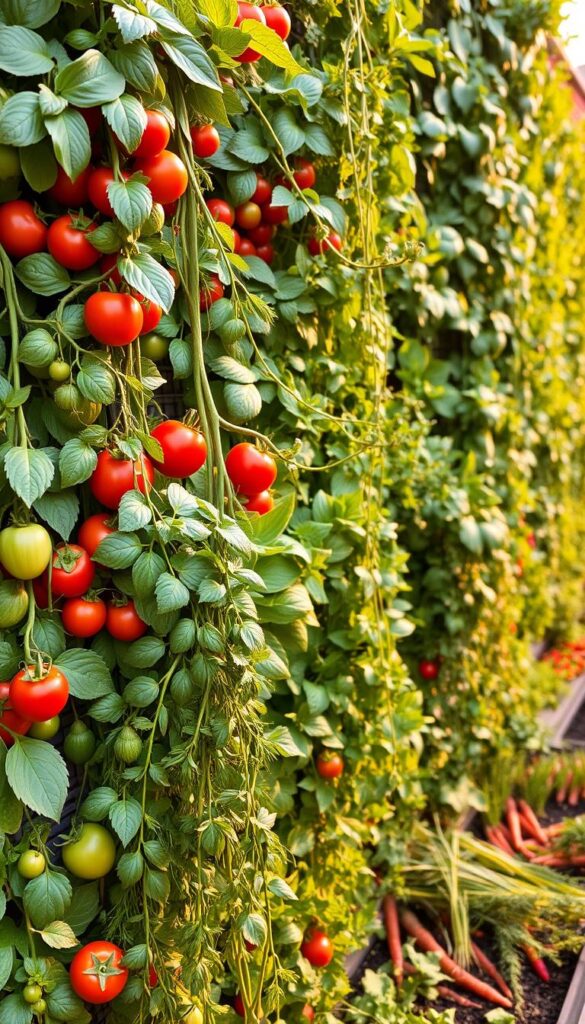 A lush and vibrant vertical garden filled with an array of thriving vegetables and herbs. In the foreground, a mix of leafy greens, tomatoes, and trailing vines cascade down the vertical trellis. The middle ground showcases a variety of herbs like basil, rosemary, and thyme, their fragrant leaves glistening under warm, directional lighting. In the background, a selection of root vegetables, such as carrots and radishes, peek out from carefully tended soil. The overall scene exudes a sense of abundant, urban sustainability, with the vertical elements creating a cohesive and visually striking composition. A lush and vibrant vertical garden filled with an array of thriving vegetables and herbs. In the foreground, a mix of leafy greens, tomatoes, and trailing vines cascade down the vertical trellis. The middle ground showcases a variety of herbs like basil, rosemary, and thyme, their fragrant leaves glistening under warm, directional lighting. In the background, a selection of root vegetables, such as carrots and radishes, peek out from carefully tended soil. The overall scene exudes a sense of abundant, urban sustainability, with the vertical elements creating a cohesive and visually striking composition.