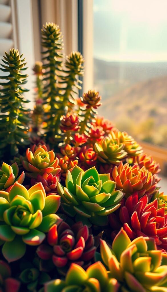 A lush arrangement of vibrant succulents thriving in warm, golden sunlight. The foreground features an array of plump, rounded leaves in shades of green, red, and purple, their textures ranging from smooth to sculptural. In the middle ground, taller succulent rosettes reach towards the sun, their delicate forms casting gentle shadows. The background depicts a hazy, sun-drenched scene, with hints of a serene outdoor setting - perhaps a windowsill, balcony, or desert landscape. The lighting is soft and diffused, creating a sense of tranquility and nourishment. Captured with a wide-angle lens to showcase the succulents' stunning display of resilience and adaptability. A lush arrangement of vibrant succulents thriving in warm, golden sunlight. The foreground features an array of plump, rounded leaves in shades of green, red, and purple, their textures ranging from smooth to sculptural. In the middle ground, taller succulent rosettes reach towards the sun, their delicate forms casting gentle shadows. The background depicts a hazy, sun-drenched scene, with hints of a serene outdoor setting - perhaps a windowsill, balcony, or desert landscape. The lighting is soft and diffused, creating a sense of tranquility and nourishment. Captured with a wide-angle lens to showcase the succulents' stunning display of resilience and adaptability.