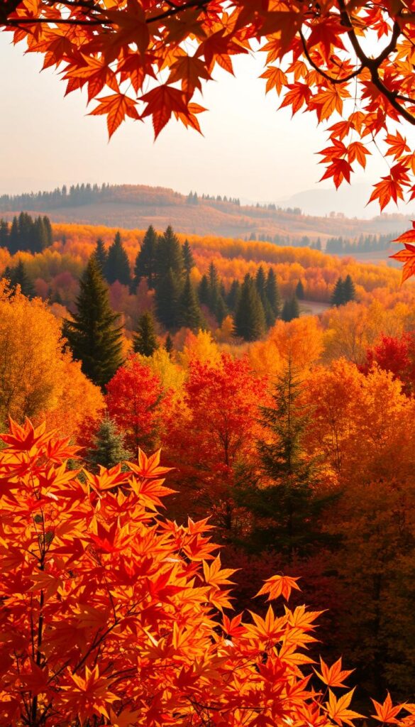 A lush autumn landscape where warm and cool tones collide in a captivating display. In the foreground, a vibrant array of maple leaves in shades of red, orange, and yellow, their edges backlit by soft, golden sunlight. The middle ground features a mix of evergreen conifers and deciduous trees, their foliage contrasting in shades of emerald, teal, and amber. In the distance, rolling hills painted in a patchwork of autumnal hues recede into a hazy, atmospheric background. The scene is bathed in a soft, diffused lighting that lends a dreamy, romantic quality, capturing the transitional beauty of the season.