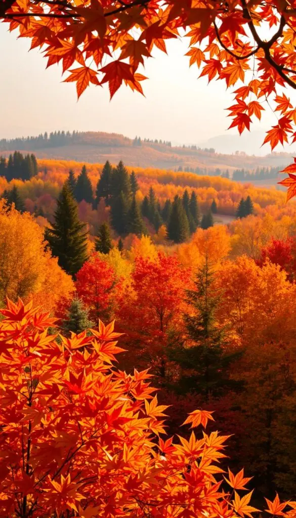 A lush autumn landscape where warm and cool tones collide in a captivating display. In the foreground, a vibrant array of maple leaves in shades of red, orange, and yellow, their edges backlit by soft, golden sunlight. The middle ground features a mix of evergreen conifers and deciduous trees, their foliage contrasting in shades of emerald, teal, and amber. In the distance, rolling hills painted in a patchwork of autumnal hues recede into a hazy, atmospheric background. The scene is bathed in a soft, diffused lighting that lends a dreamy, romantic quality, capturing the transitional beauty of the season. A lush autumn landscape where warm and cool tones collide in a captivating display. In the foreground, a vibrant array of maple leaves in shades of red, orange, and yellow, their edges backlit by soft, golden sunlight. The middle ground features a mix of evergreen conifers and deciduous trees, their foliage contrasting in shades of emerald, teal, and amber. In the distance, rolling hills painted in a patchwork of autumnal hues recede into a hazy, atmospheric background. The scene is bathed in a soft, diffused lighting that lends a dreamy, romantic quality, capturing the transitional beauty of the season.