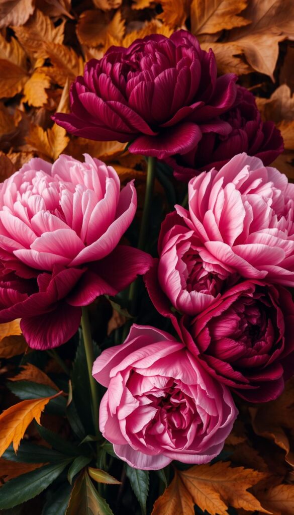A lush autumnal arrangement of robust, full-bloom peonies in shades of deep burgundy, rose, and pale pink. The flowers stand tall and proud against a backdrop of earthy, textured fallen leaves in warm hues of gold, ochre, and russet. The lighting is soft and diffused, casting gentle shadows and highlights that accentuate the velvety petals and the delicate veining. The overall mood is one of serene tranquility, inviting the viewer to savor the last fleeting moments of the harvest season before the plants retreat into their winter slumber.