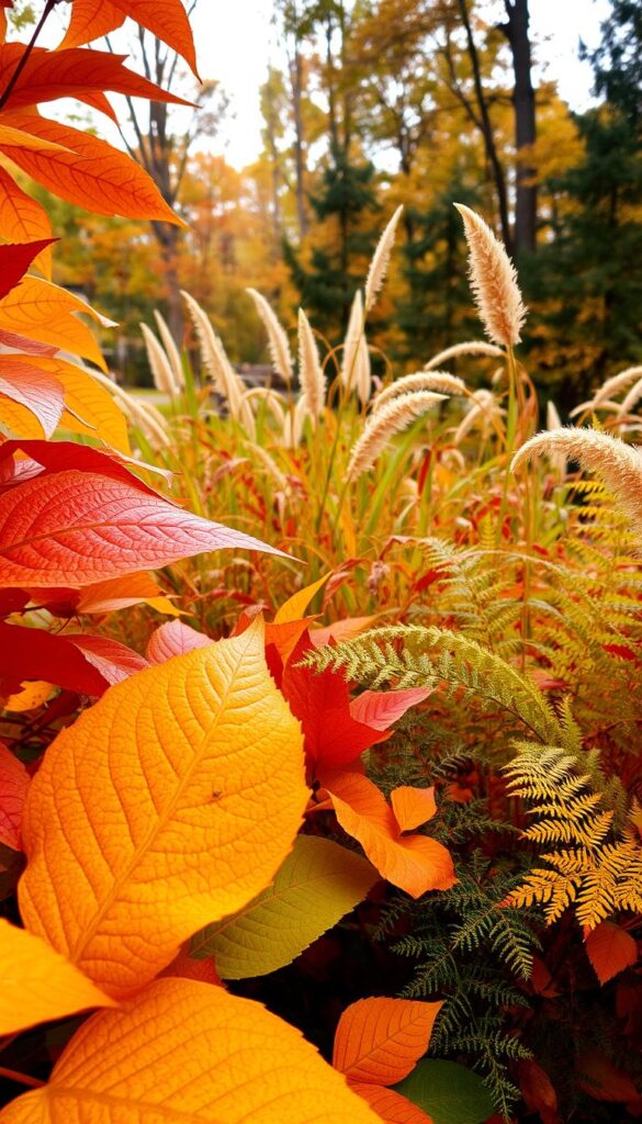 A lush, autumnal foliage scene with vibrant hues of orange, red, and golden yellows. In the foreground, a mix of large, textured leaves with intricate vein patterns and a soft, velvety feel. In the middle ground, a variety of ornamental grasses and delicate ferns sway gently in a warm, diffused light. The background features a blurred, out-of-focus forest canopy, creating depth and a sense of enclosure. The overall mood is one of cozy, earthy tranquility, inviting the viewer to pause and appreciate the natural beauty of the changing seasons. A lush, autumnal foliage scene with vibrant hues of orange, red, and golden yellows. In the foreground, a mix of large, textured leaves with intricate vein patterns and a soft, velvety feel. In the middle ground, a variety of ornamental grasses and delicate ferns sway gently in a warm, diffused light. The background features a blurred, out-of-focus forest canopy, creating depth and a sense of enclosure. The overall mood is one of cozy, earthy tranquility, inviting the viewer to pause and appreciate the natural beauty of the changing seasons.